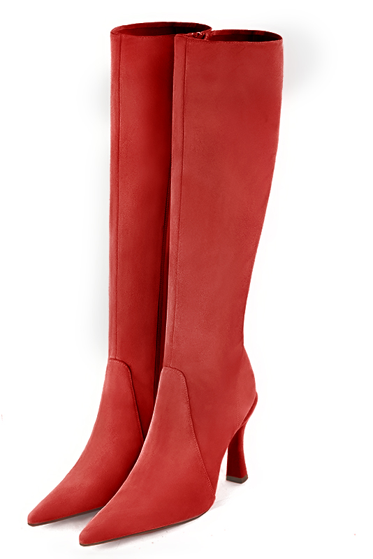 Scarlet red women's feminine knee-high boots. Pointed toe. Very high spool heels. Made to measure. Front view - Florence KOOIJMAN